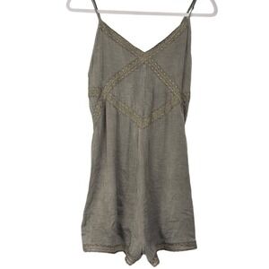 AERIE M Silky Dark Grey Romper Lace Trim V-Neck Lingerie Slinky with Pockets